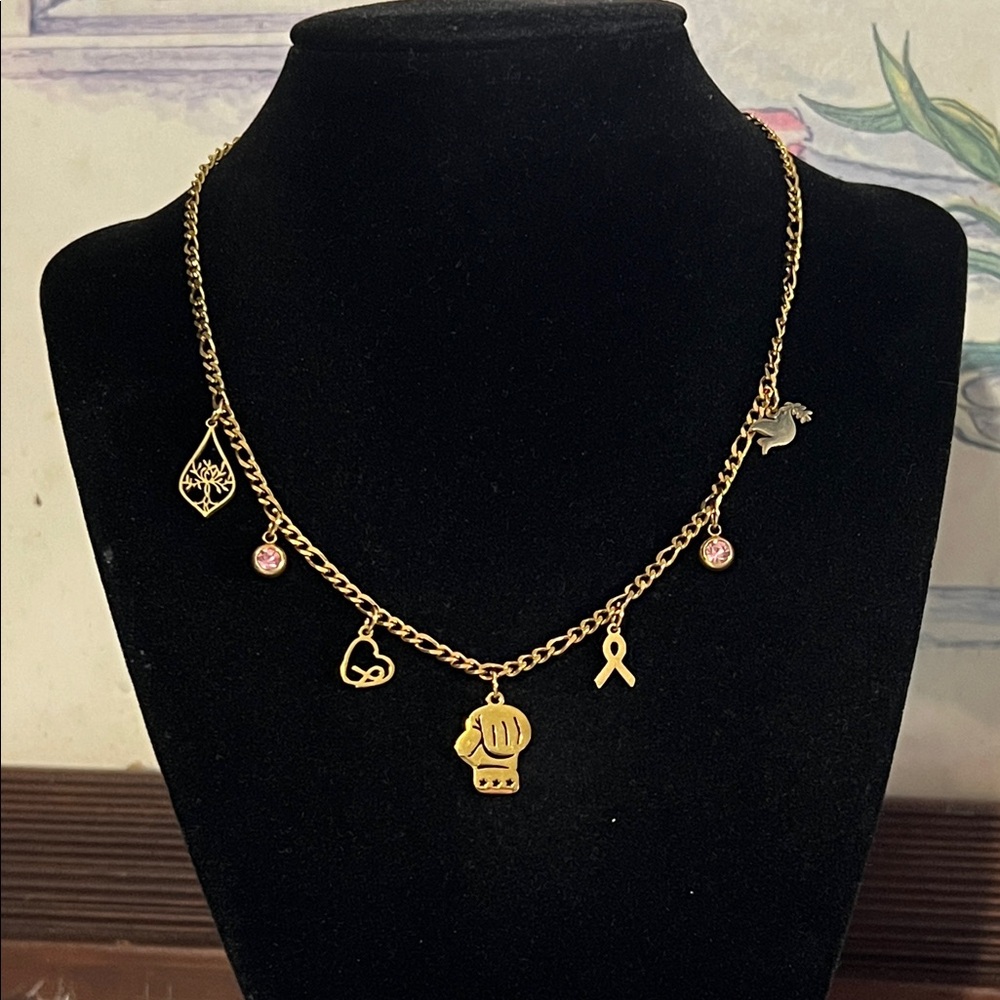 Gold plated stainless steel breast cancer charm necklace